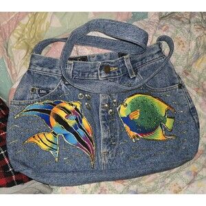 Upcycled Lee Denim Bohemian Shoulder Bag / Purse Hand Painted Textured Fish
